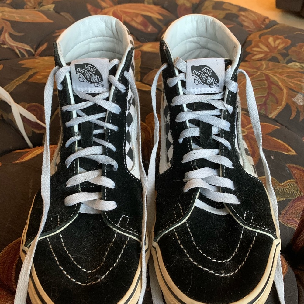 Black checkered high top vans womens 9